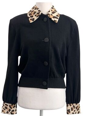 St. John Separates Vintage Black Knit Leopard Trim Cardigan Jacket Women’s 4